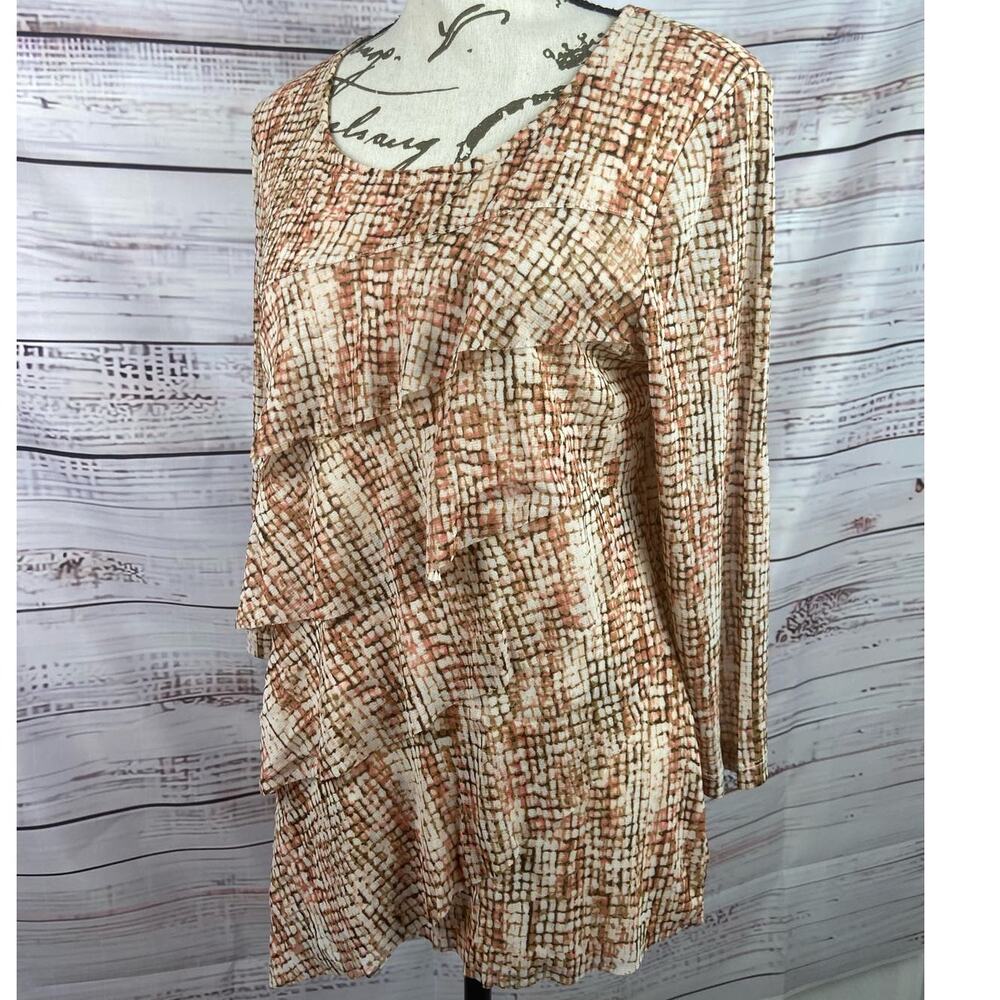 Chicos 0 Mosaic Tiered Top Womens Small 4 Asymmetric Hem Scoop Neck 3/4 Sleeves